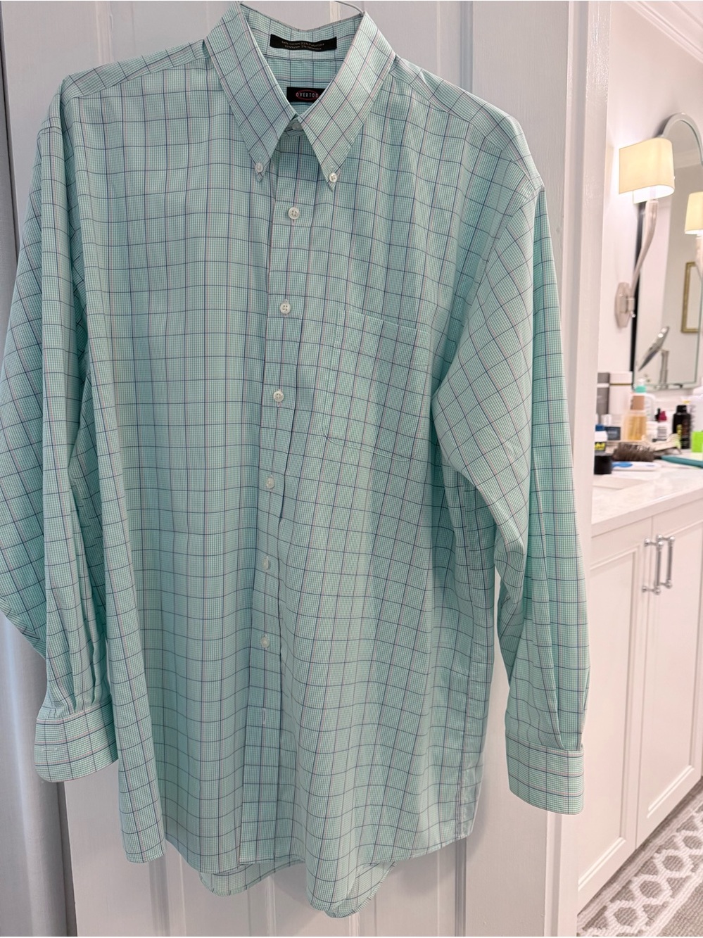 Overton Men's Light Mint Green Windowpane Dress Shirt size L